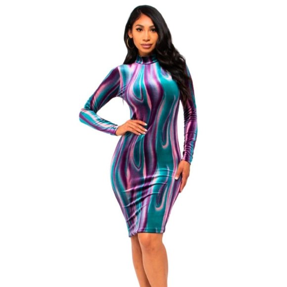 Long Sleeve Midi Dress Velvet Votique Purple & Blue-Green Ombre' - Picture 2 of 8